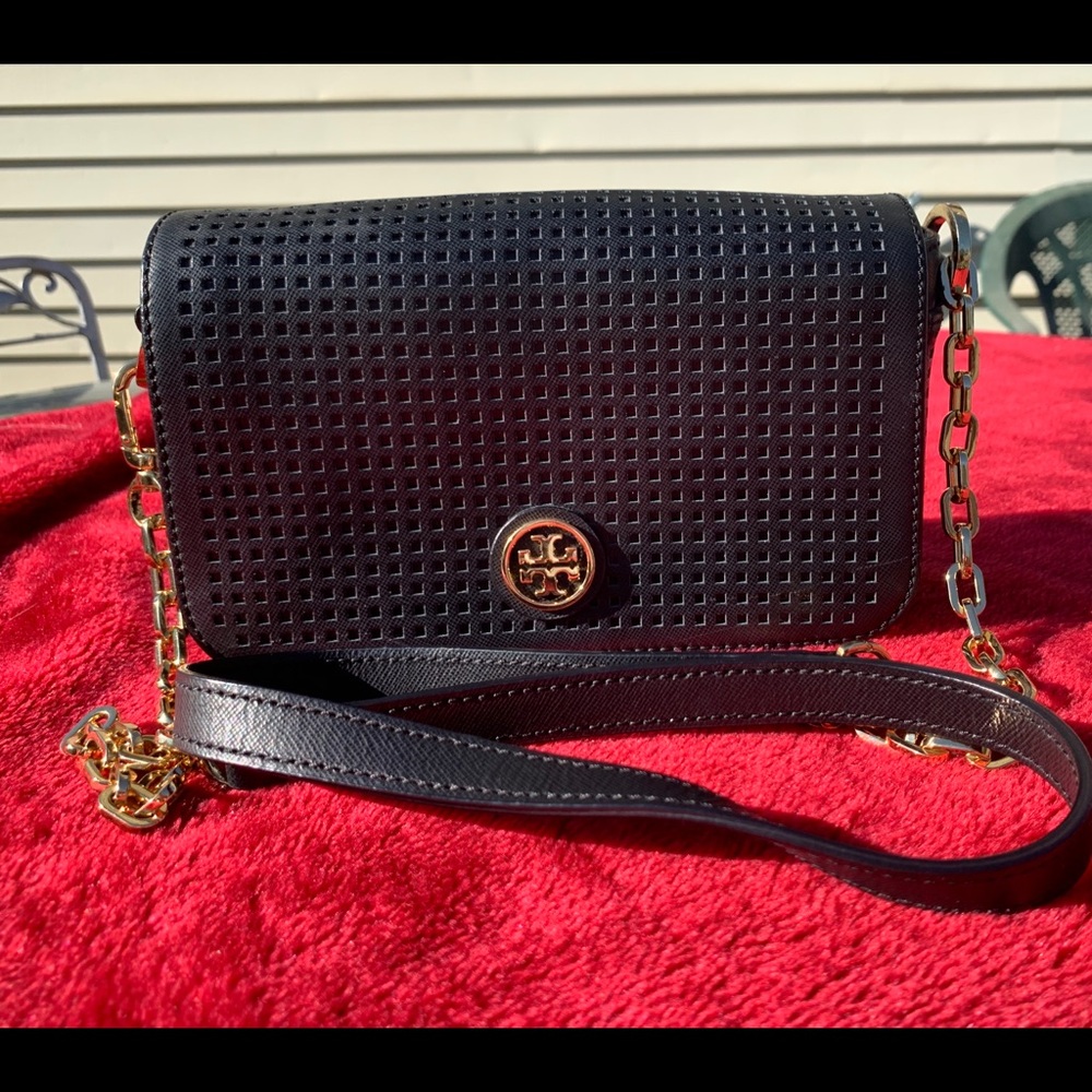 Black Tory Burch crossbody with gold hardware